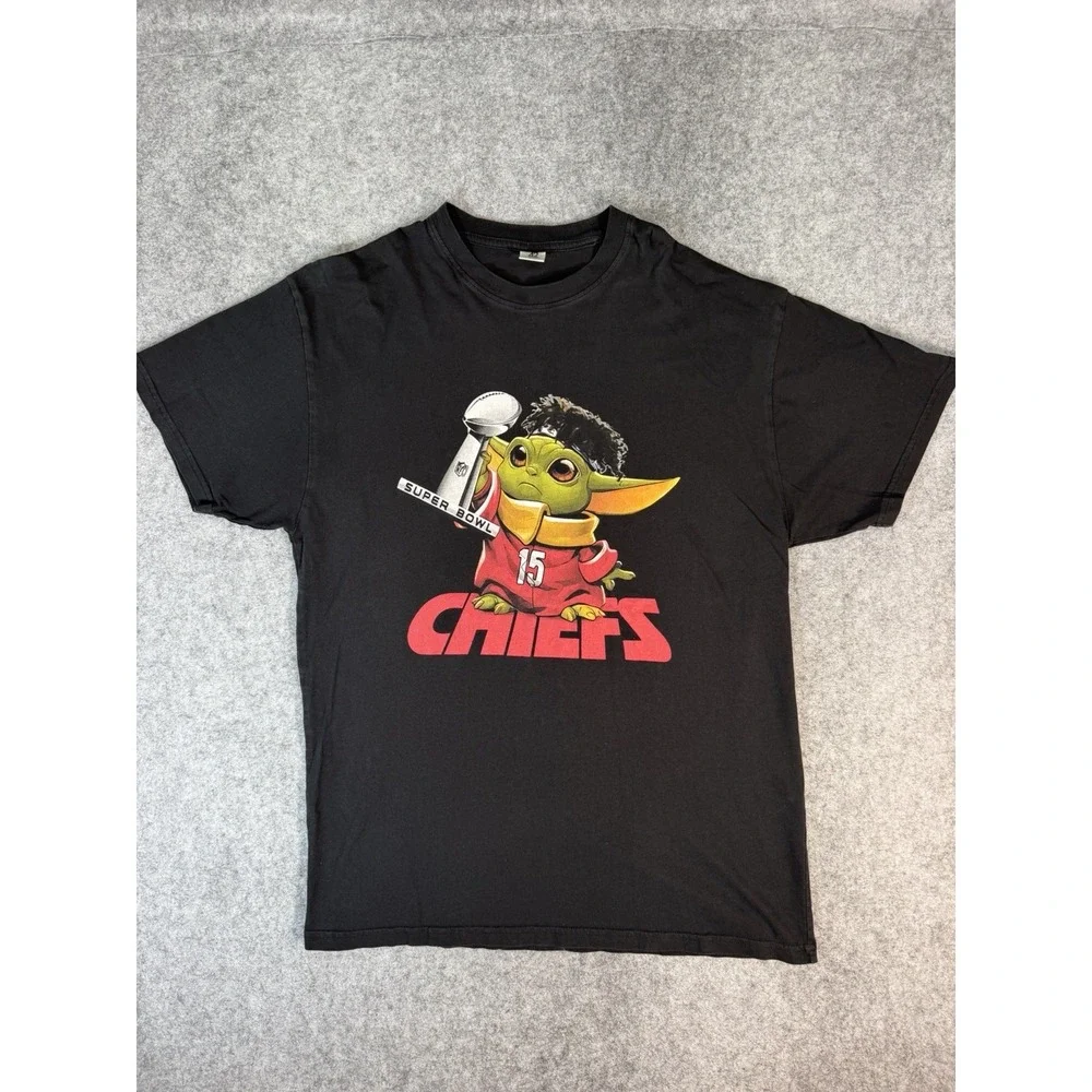 Kansas City Chiefs Grogu Mahomes #15 Super Bowl Graphic T Shirt Mens Large Black